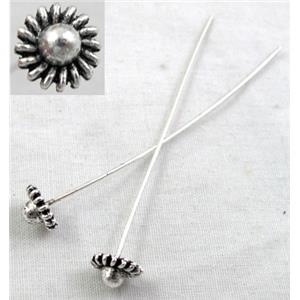 Fancy Pin Charm, Tibetan Silver Non-Nickel, 55mm length, pinhead:8mm dia