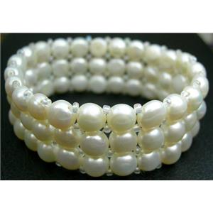 Elastic White Freshwater Pearl Bracelet, bracelet: 5.5cm dia,  pearl beads: 7-8mm