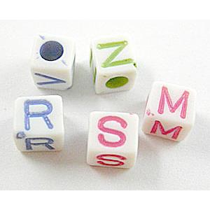 Colorful Plastic Cube Letter Pendant Beads, 7x7x7mm, approx 2100pcs 