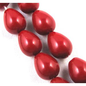 Pearlized Shell Beads, teardrop, deep-red, approx 8x12mm, 33pcs per st