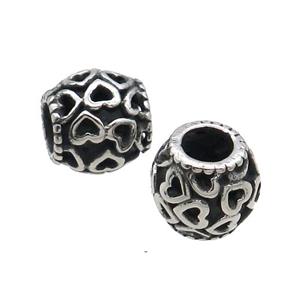 Stainless Steel Barrel Beads Large Hole Heart Antique Silver, approx 10-11mm, 5mm hole