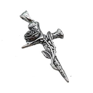 Stainless Steel Cross Pendant Flower Antique Silver, approx 30-50mm