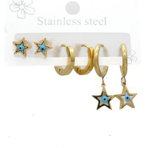 Stainless Steel Earrings Evil Eye Star Gold Plated, approx 6-10mm, 14mm dia