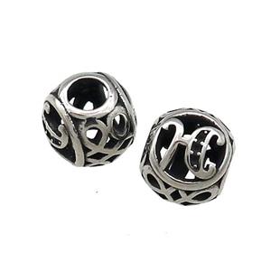 Titanium Steel Round Beads Letter-H Large Hole Hollow Antique Silver, approx 9-10mm, 4mm hole