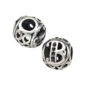 Stainless Steel Round Beads Letter-B Hollow Large Hole Antique Silver, approx 9-10mm, 4mm hole