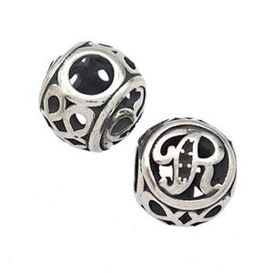 Stainless Steel Round Beads Letter-R Hollow Large Hole Antique Silver, approx 9-10mm, 4mm hole