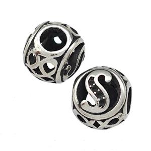 Stainless Steel Round Beads Letter-S Hollow Large Hole Antique Silver, approx 9-10mm, 4mm hole