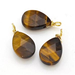 Natural Tiger Eye Stone Teardrop Pendant Faceted Wire Wrapped, approx 8-12mm