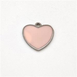 Raw Stainless Steel Heart Pendant Pink Enamel, approx 10mm