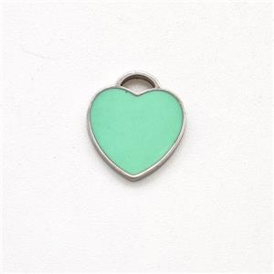 Raw Stainless Steel Heart Pendant Green Enamel, approx 9mm