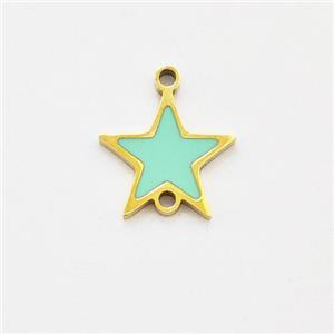 Stainless Steel Star Connector Green Enamel Gold Plated, approx 9.5mm