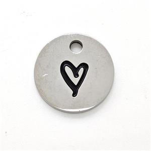 Raw Stainless Steel Circle Pendant Black Enamel Heart, approx 14mm