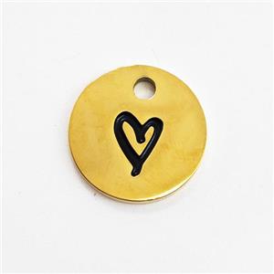 Stainless Steel Circle Pendant Black Enamel Heart Gold Plated, approx 14mm