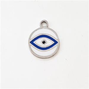 Raw Stainless Steel Evil Eye Pendant Circle Blue Enamel, approx 10mm