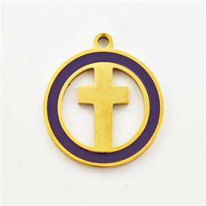Stainless Steel Cross Pendant Circle Purple Enamel Gold Plated, approx 16mm