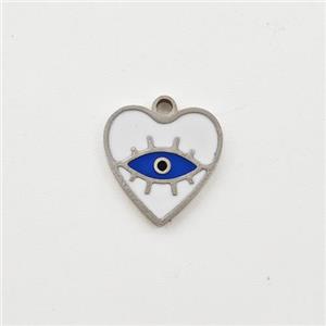 Raw Stainless Steel Heart Pendant Blue Enamel Evil Eye, approx 10mm