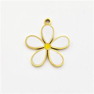 Stainless Steel Flower Pendant White Enamel Gold Plated, approx 14mm