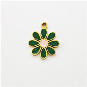 Stainless Steel Flower Pendant Green Enamel Gold Plated, approx 11mm