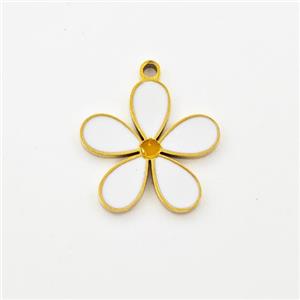 Stainless Steel Flower Pendant White Enamel Gold Plated, approx 14mm