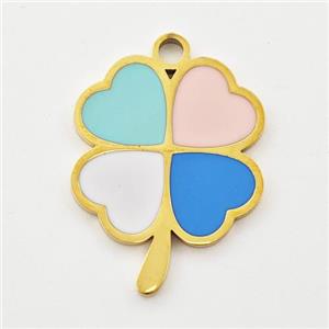 Stainless Steel Clover Pendant Multicolor Enamel Gold Plated, approx 16-20mm