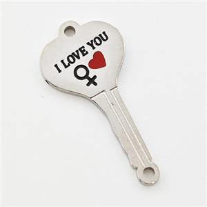 Raw Stainless Steel Key Charms Connector Heart Red Enamel, approx 11-21mm