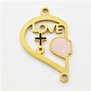 Stainless Steel Split Heart Connector Girl LOVE Pink Enamel Gold Plated, approx 15-18mm