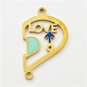 Stainless Steel Split Heart Connector Boy LOVE Green Enamel Gold Plated, approx 15-18mm
