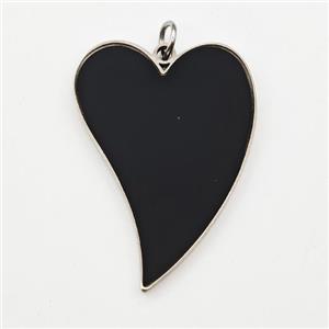 Raw Stainless Steel Heart Pendant Black Enamel, approx 18-25mm