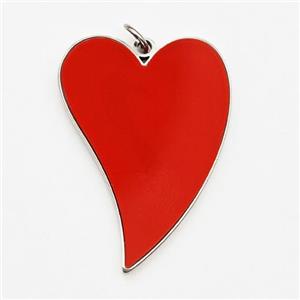 Raw Stainless Steel Heart Pendant Red Enamel, approx 18-25mm