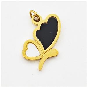 Stainless Steel Butterfly Pendant Black Enamel Gold Plated, approx 9.5-16mm