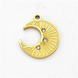 Stainless Steel Moon Pendant Micro Pave Rhinestone Gold Plated, approx 14mm