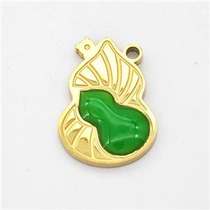 Stainless Steel Gourd Pendant Green Enamel Gold Plated, approx 12-17mm