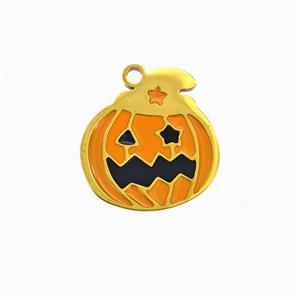 Halloween Pumpkin Charms 304 Stainless Pendant Orange Enamel Gold Plated, approx 14mm