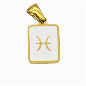 Stainless Steel Symbol Pendant Zodiac Pisces White Enamel Rectangle Gold Plated, approx 11-13mm