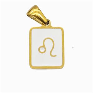 Stainless Steel Symbol Pendant Zodiac Leo White Enamel Rectangle Gold Plated, approx 11-13mm