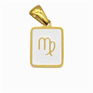 Stainless Steel Symbol Pendant Zodiac Virgo White Enamel Rectangle Gold Plated, approx 11-13mm