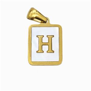 Stainless Steel Rectangle Pendant Pave Shell Letter-H Gold Plated, approx 12-15mm