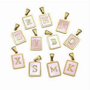 Stainless Steel Rectangle Alphabet Pendant Pave Pink Shell Mix Letters Gold Plated, approx 12-15mm