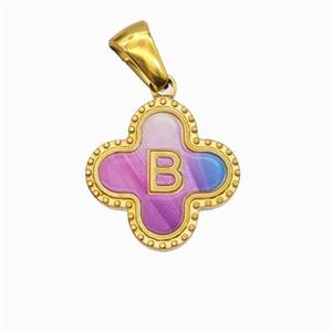 Stainless Steel Clover Pendant Letter-B Painted Gold Plated, approx 15mm