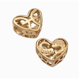 Titanium Steel Heart Beads Zodiac Pisces Large Hole Hollow Rose Gold, approx 12mm, 4mm hole