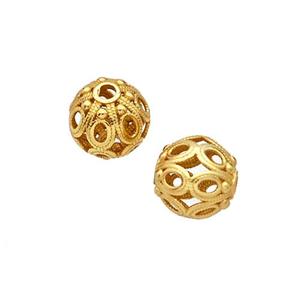 925 Sterling Silver Round Beads Hollow Gold Plated, approx 7mm