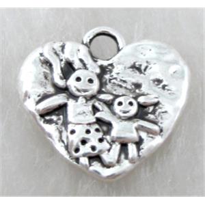 Tibetan Silver pendant heart with boy and girl, Non-Nickel, 16mm wide