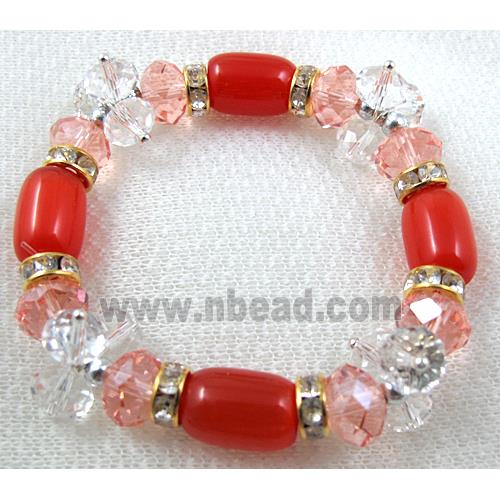 stretchy Bracelet with Chinese crystal beads, rhinestone, cat eye beads, red