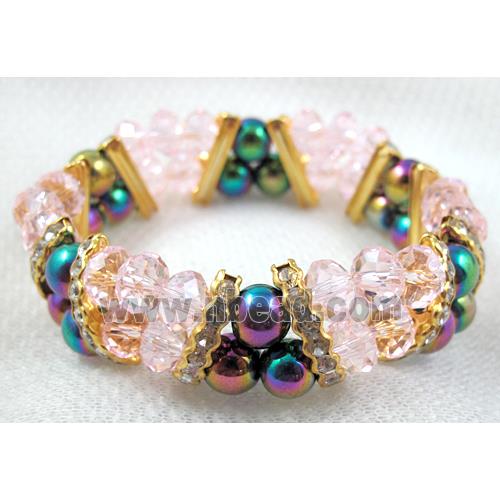 Chinese Crystal Beads Bracelet, stretchy, rhinestone, magnetic hematite, pink