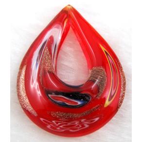 murano style glass lampwork pendant, teardrop, red