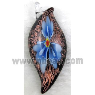 murano style glass lampwork pendant with goldsand, leaf, blue flower