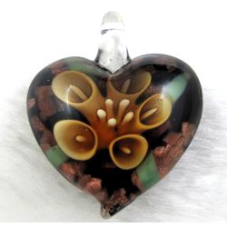 murano style glass lampwork pendant with goldsand, heart, yellow flower