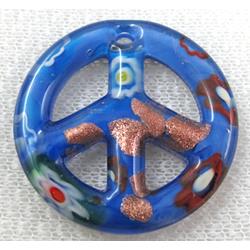 glass lampwork pendant, peace sign, blue