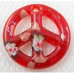 glass lampwork pendant, peace sign, ruby