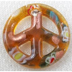 glass lampwork pendant, peace sign, golden